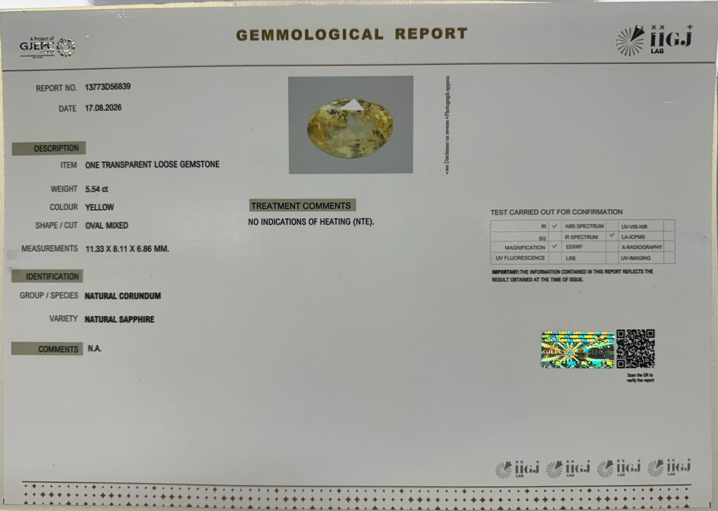 YELLOW SAPPHIRE 5.54 Ct. YELLOW SAPPHIRE 5.54 Ct.