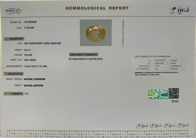 YELLOW SAPPHIRE 6.51 Ct.