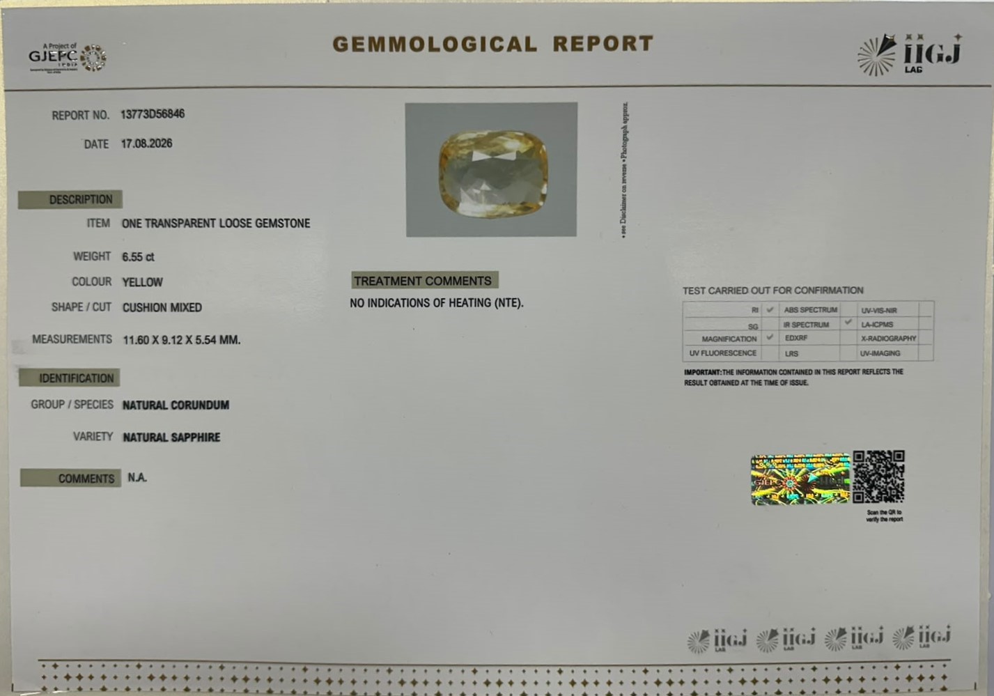 YELLOW SAPPHIRE 6.55 Ct. YELLOW SAPPHIRE 6.55 Ct.