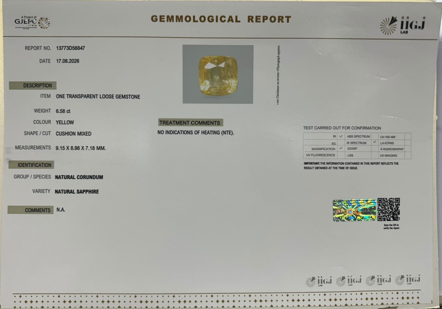 YELLOW SAPPHIRE 6.58 Ct.
