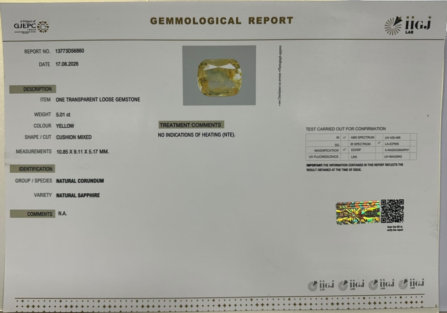YELLOW SAPPHIRE 5.01 Ct. YELLOW SAPPHIRE 5.01 Ct.