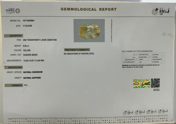 YELLOW SAPPHIRE 6.85 Ct. YELLOW SAPPHIRE 6.85 Ct.