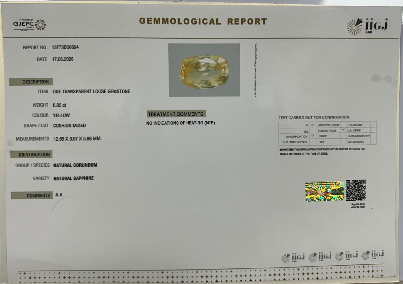 YELLOW SAPPHIRE 6.85 Ct. YELLOW SAPPHIRE 6.85 Ct.