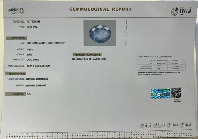 BLUE SAPPHIRE 5.66 Ct.