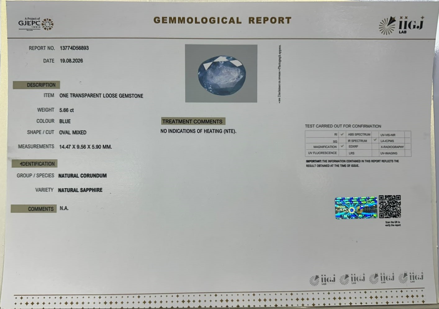 BLUE SAPPHIRE 5.66 Ct.