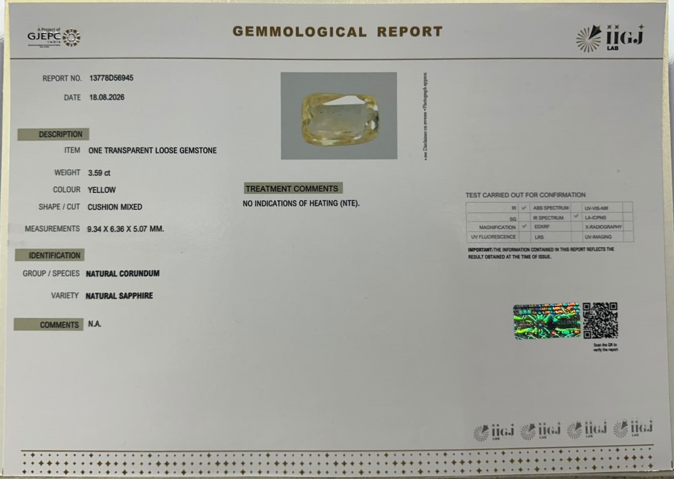 YELLOW SAPPHIRE 3.59 Ct. YELLOW SAPPHIRE 3.59 Ct.