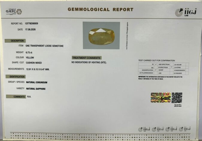 YELLOW SAPPHIRE 6.73 Ct.