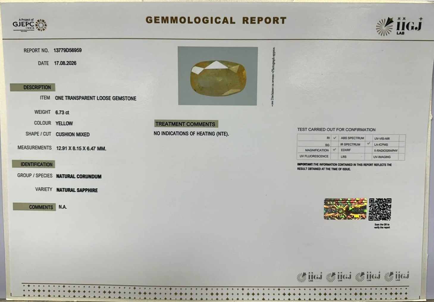 YELLOW SAPPHIRE 6.73 Ct.