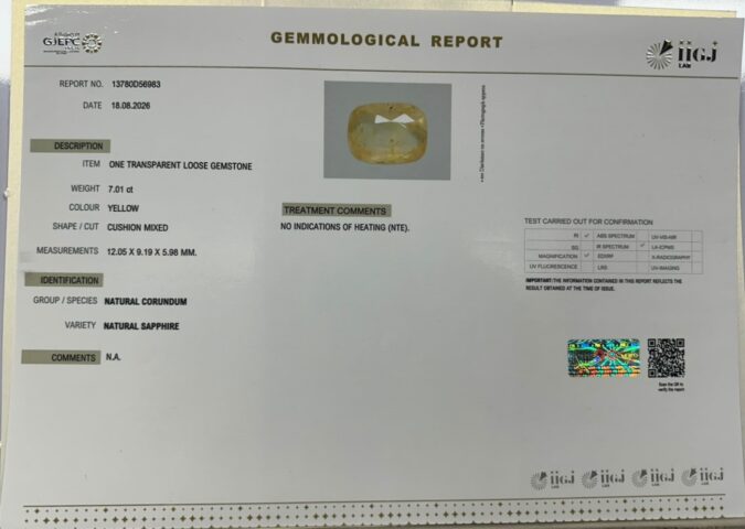 YELLOW SAPPHIRE 7.01 Ct.