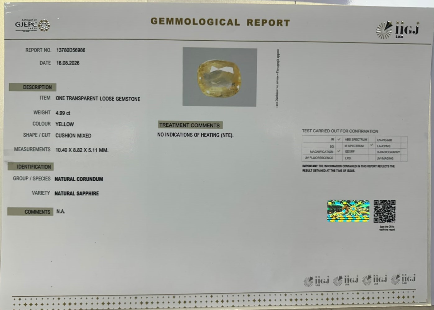 YELLOW SAPPHIRE 4.99 Ct. YELLOW SAPPHIRE 4.99 Ct.