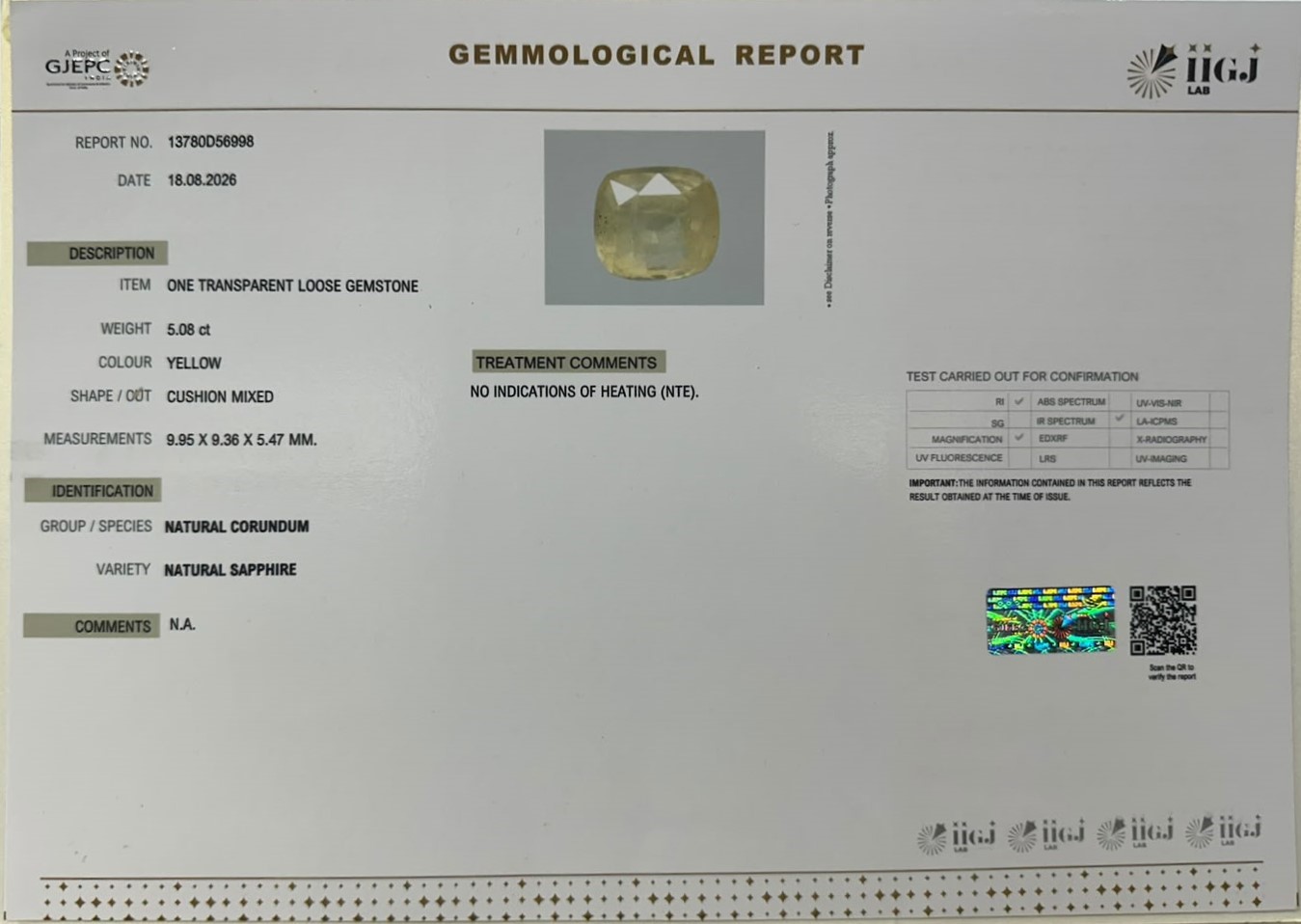 YELLOW SAPPHIRE 5.08 Ct.