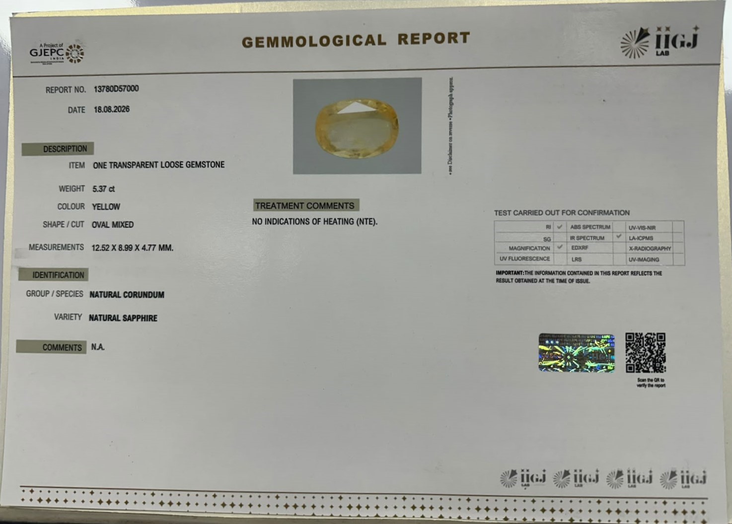 YELLOW SAPPHIRE 5.37 Ct.
