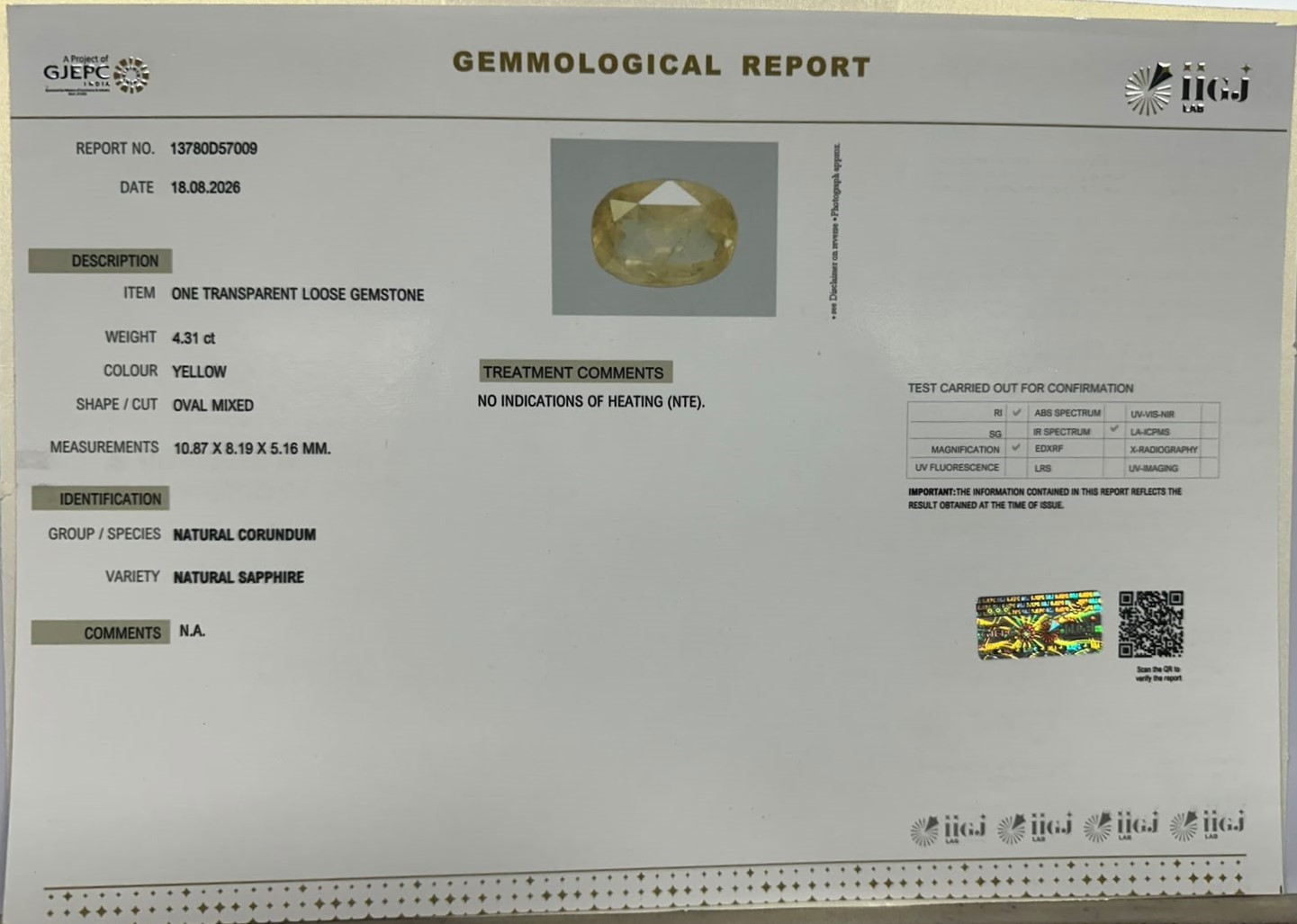 YELLOW SAPPHIRE 4.31 Ct.