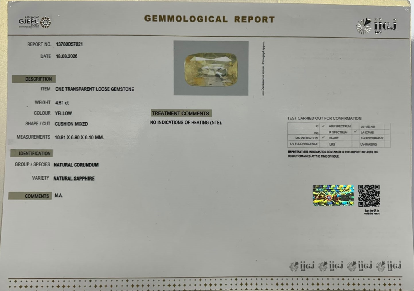 YELLOW SAPPHIRE 4.51 Ct.