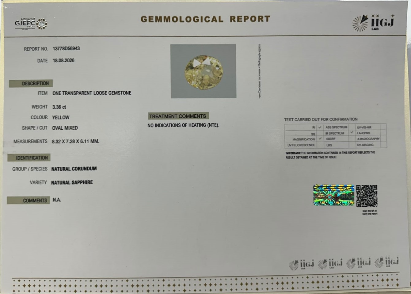 YELLOW SAPPHIRE 3.36 Ct. YELLOW SAPPHIRE 3.36 Ct.