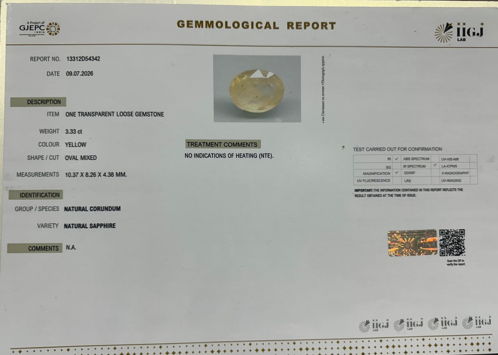 YELLOW SAPPHIRE 3.33 Ct.