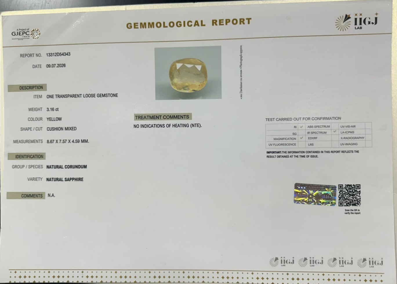 YELLOW SAPPHIRE 3.16 Ct. YELLOW SAPPHIRE 3.16 Ct.