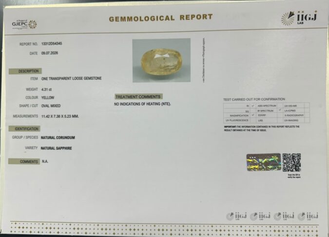 YELLOW SAPPHIRE 4.31 Ct.