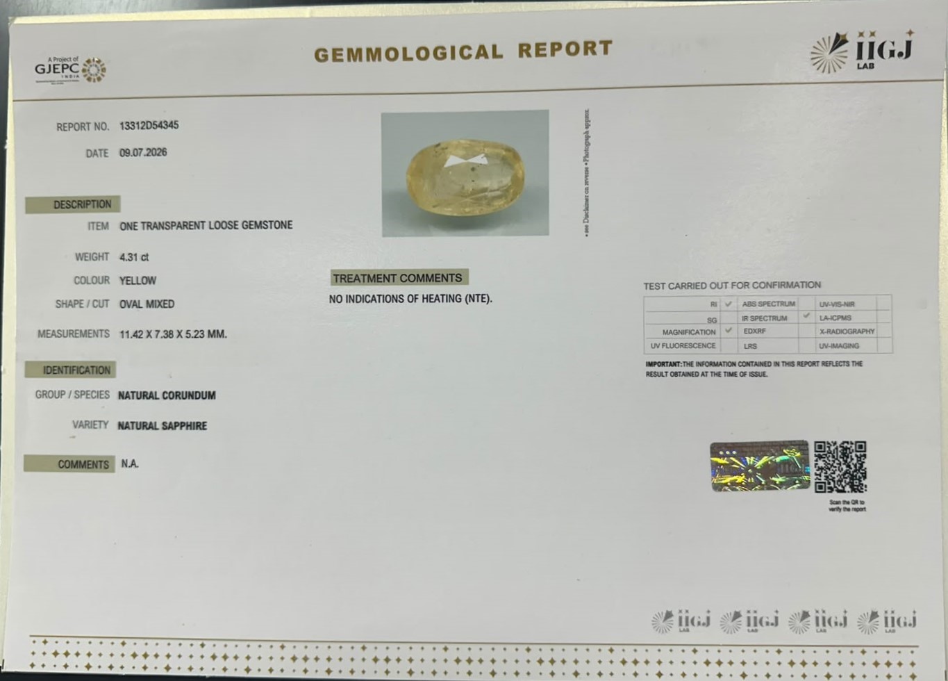 YELLOW SAPPHIRE 4.31 Ct.