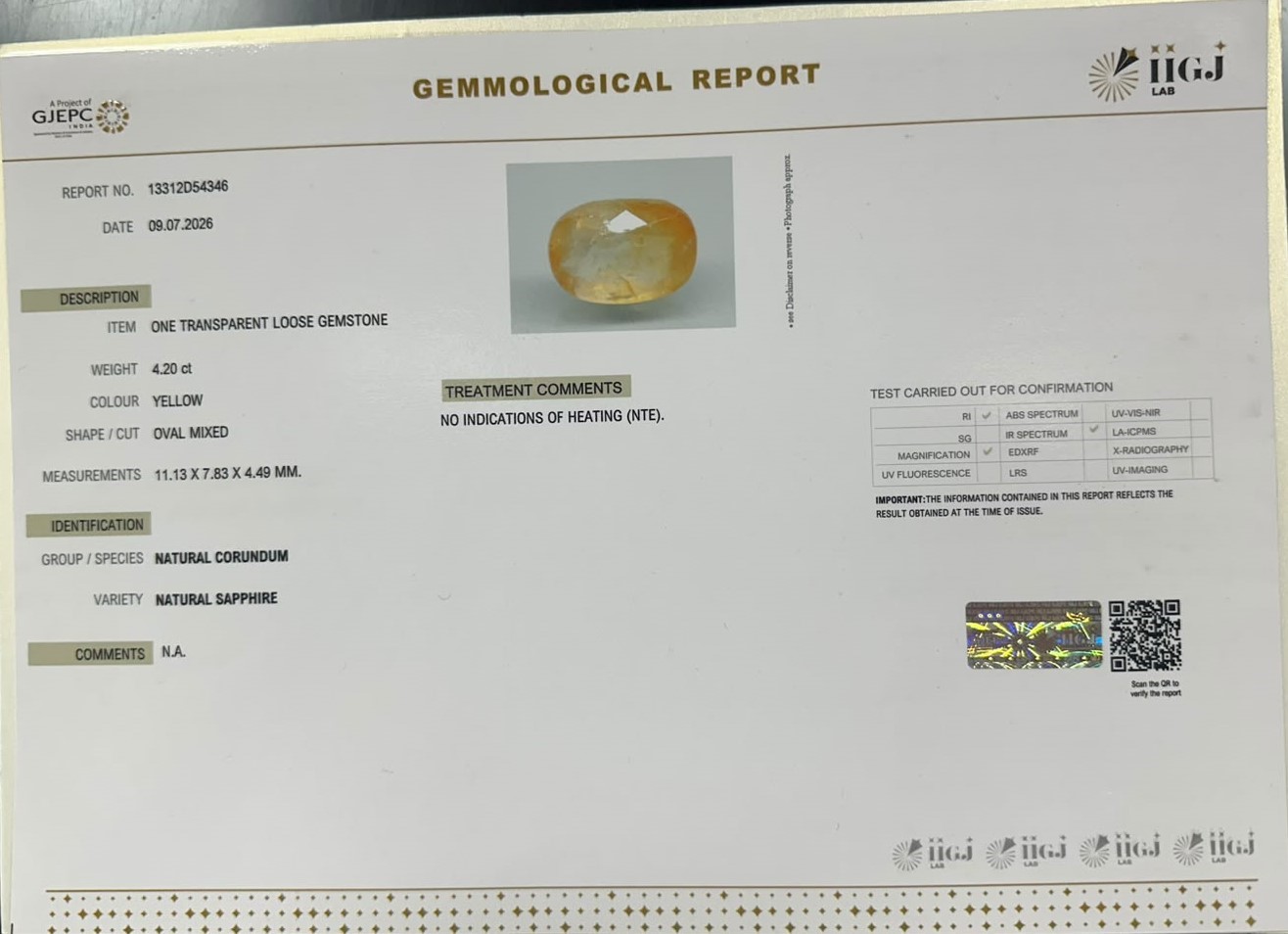 YELLOW SAPPHIRE 4.2 Ct.
