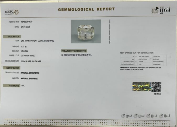 YELLOW SAPPHIRE 7.37 Ct.