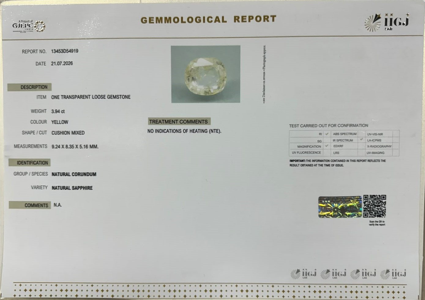 YELLOW SAPPHIRE 3.94 Ct.