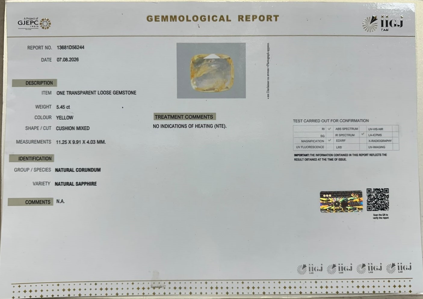 YELLOW SAPPHIRE 5.45 Ct.