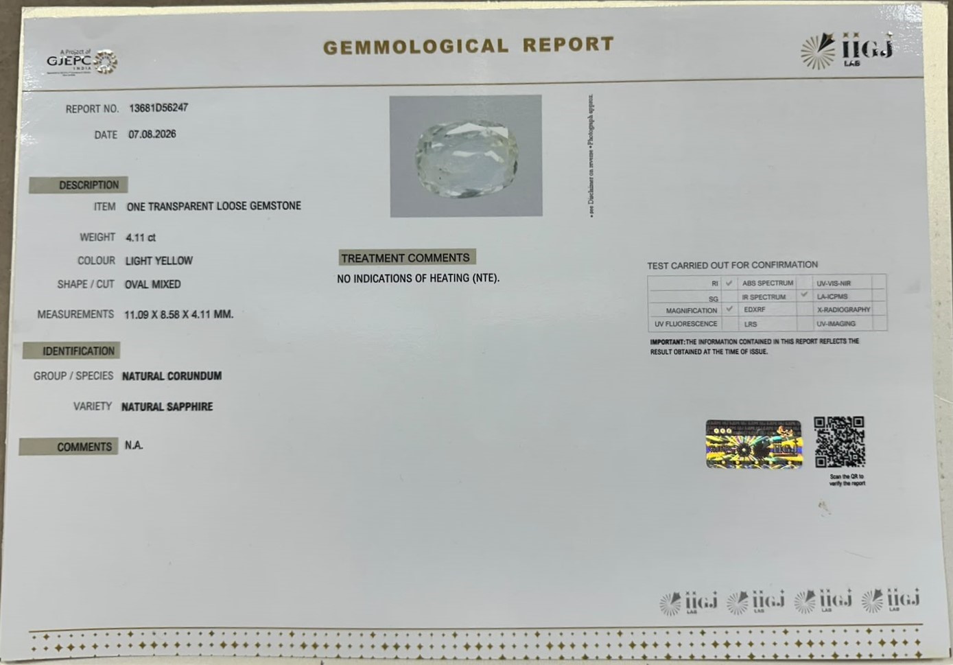 YELLOW SAPPHIRE 4.11 Ct.