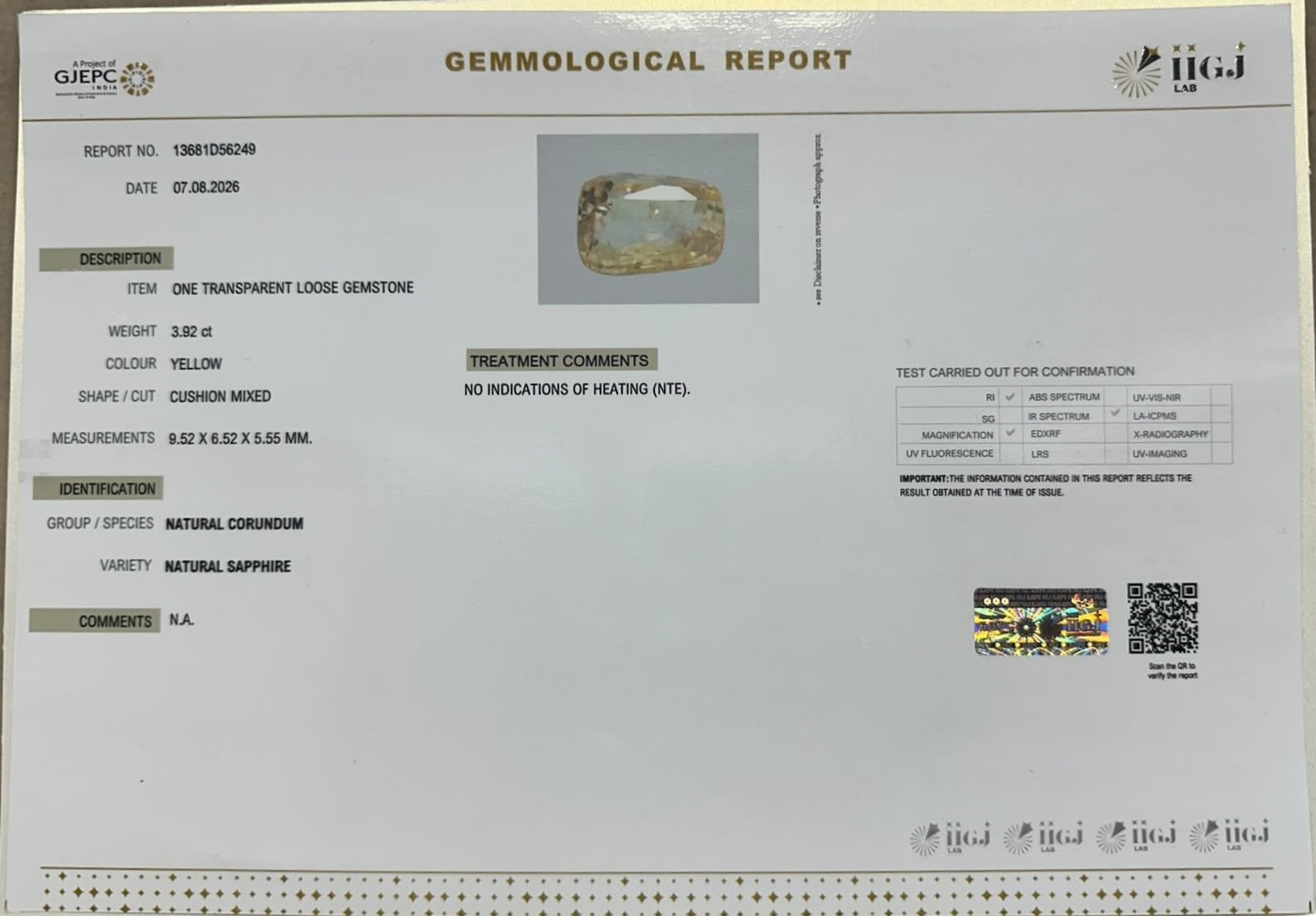 YELLOW SAPPHIRE 3.92 Ct. YELLOW SAPPHIRE 3.92 Ct.