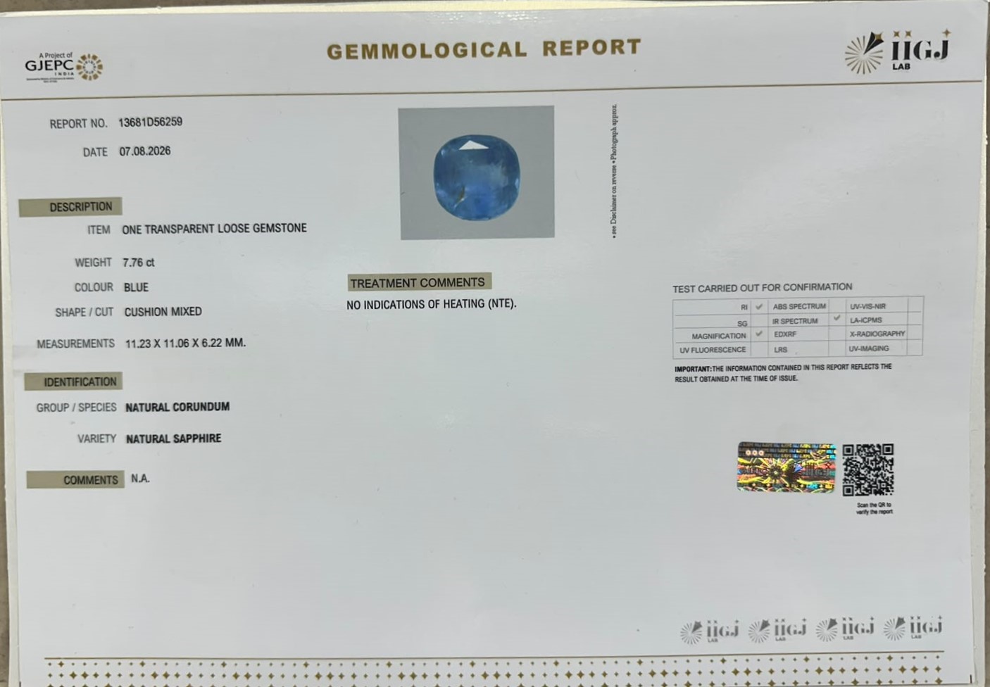 BLUE SAPPHIRE 7.76 Ct.