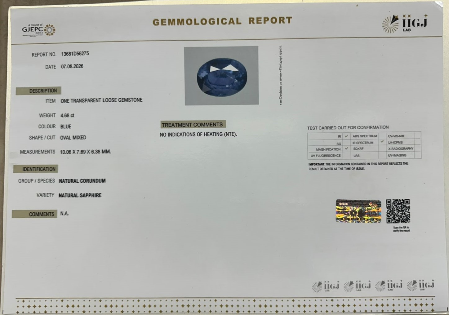 BLUE SAPPHIRE 4.68 Ct.