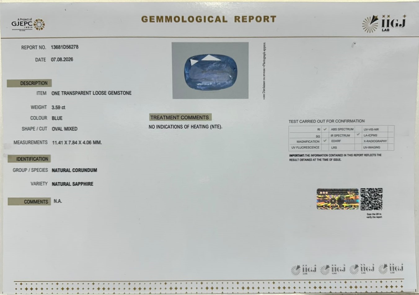 BLUE SAPPHIRE 3.59 Ct.
