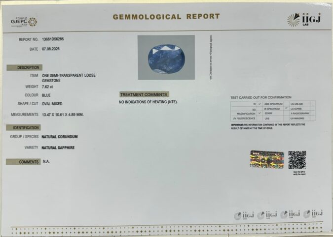 BLUE SAPPHIRE 7.62 Ct.