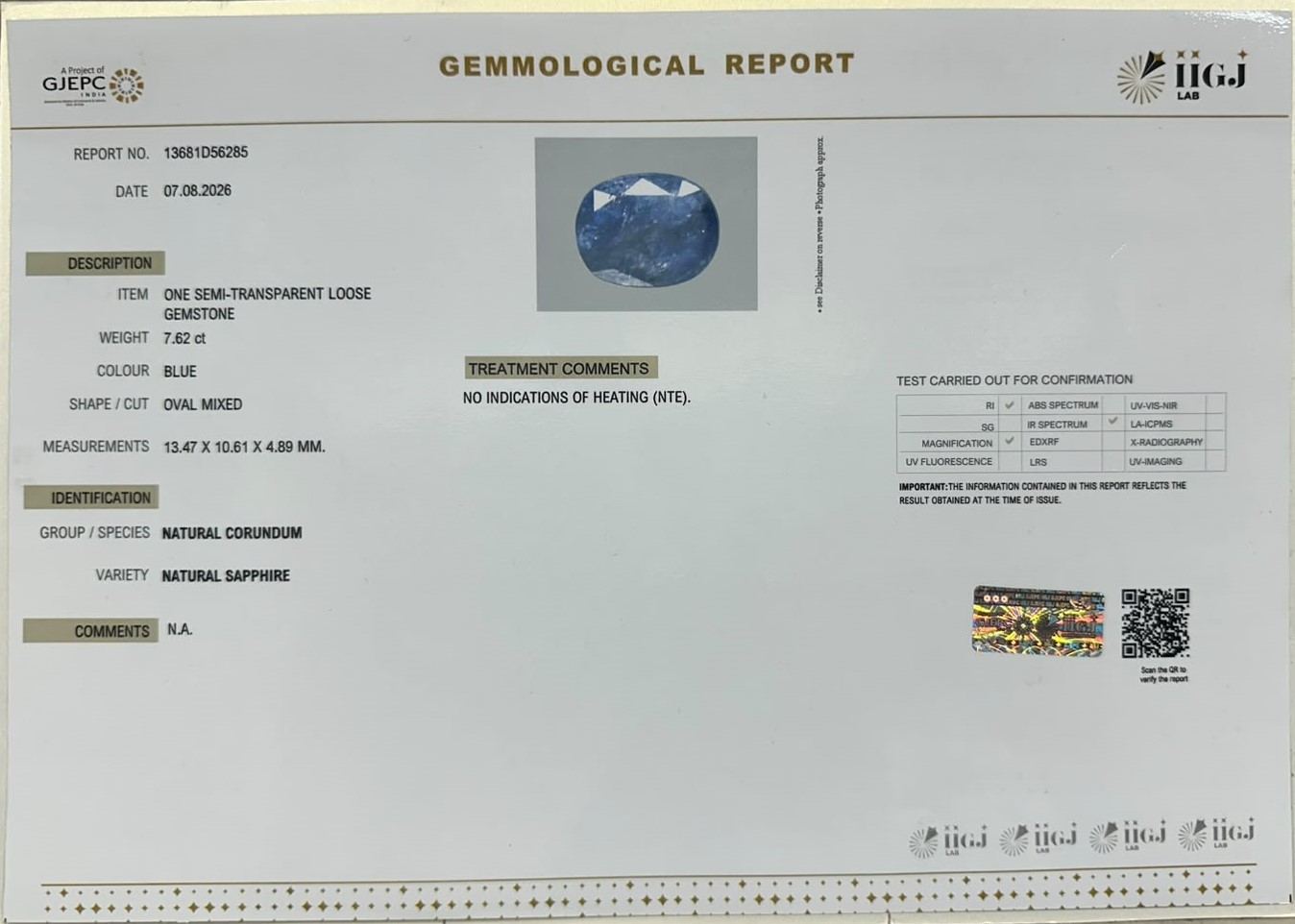 BLUE SAPPHIRE 7.62 Ct.