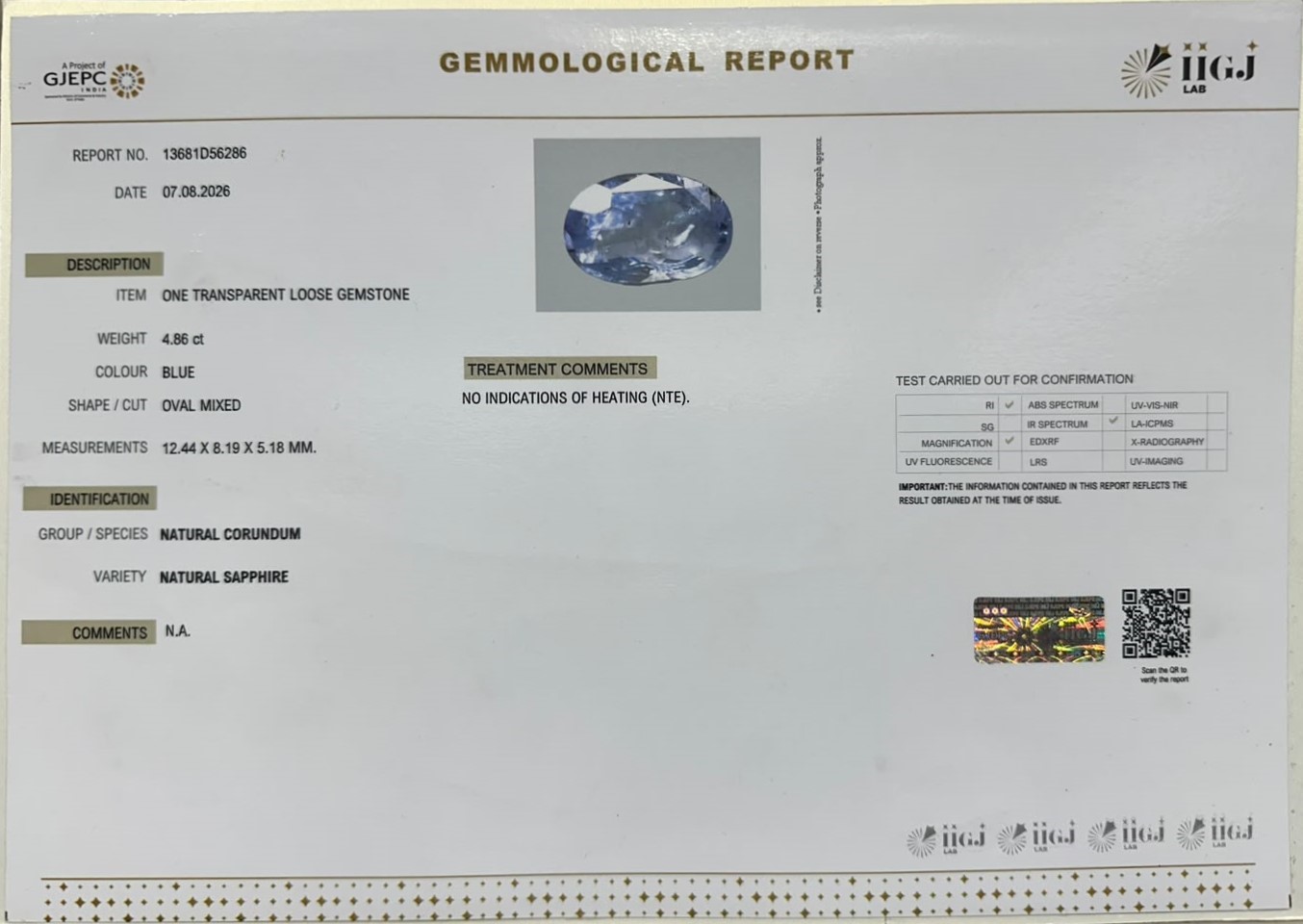 BLUE SAPPHIRE 4.86 Ct.