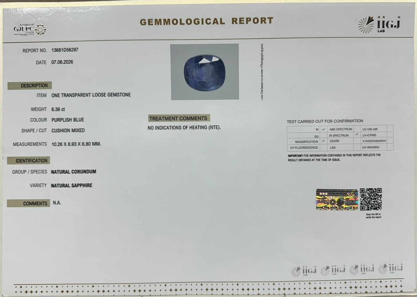 NATURAL SAPPHIRE 6.38 Ct.