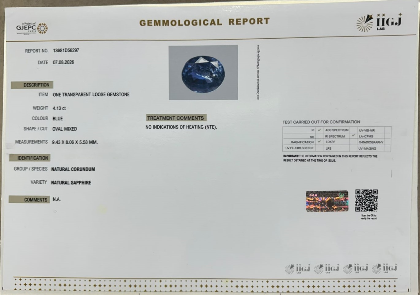 BLUE SAPPHIRE 4.13 Ct.