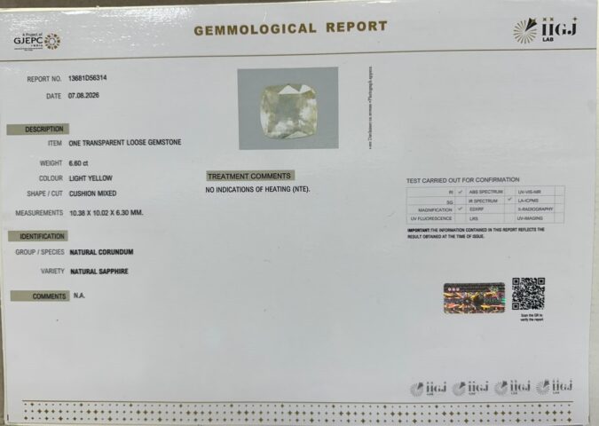 YELLOW SAPPHIRE 6.6 Ct.