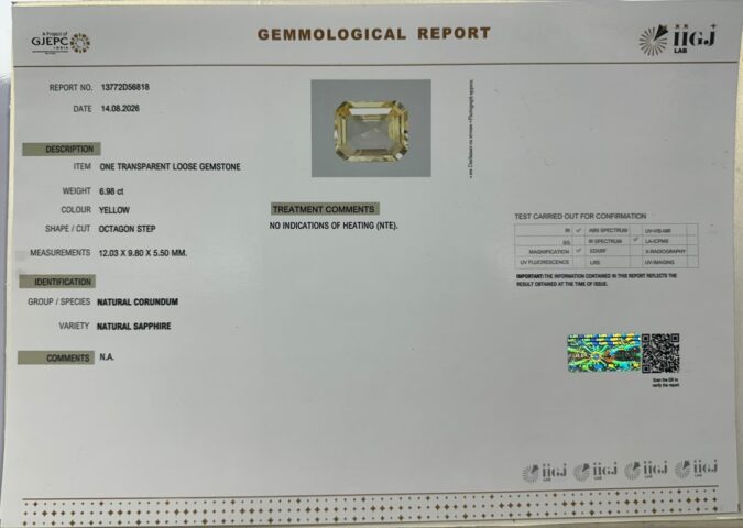 YELLOW SAPPHIRE 6.98 Ct. YELLOW SAPPHIRE 6.98 Ct.