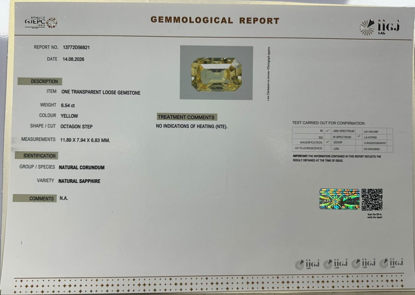 YELLOW SAPPHIRE 6.54 Ct. YELLOW SAPPHIRE 6.54 Ct.
