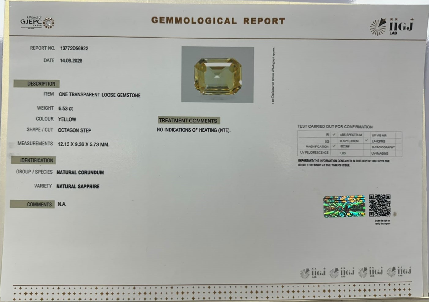 YELLOW SAPPHIRE 6.53 Ct. YELLOW SAPPHIRE 6.53 Ct.