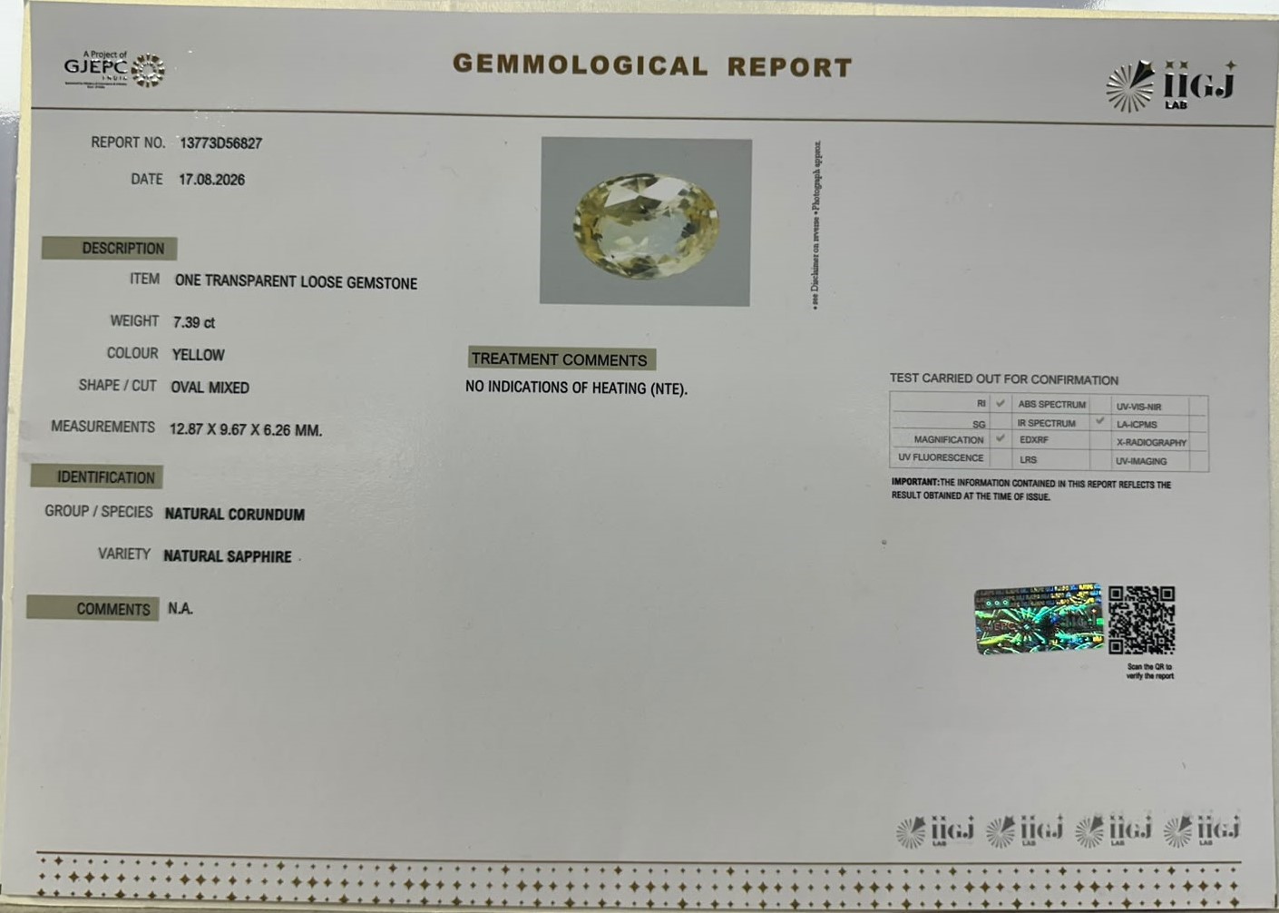 YELLOW SAPPHIRE 7.39 Ct. YELLOW SAPPHIRE 7.39 Ct.