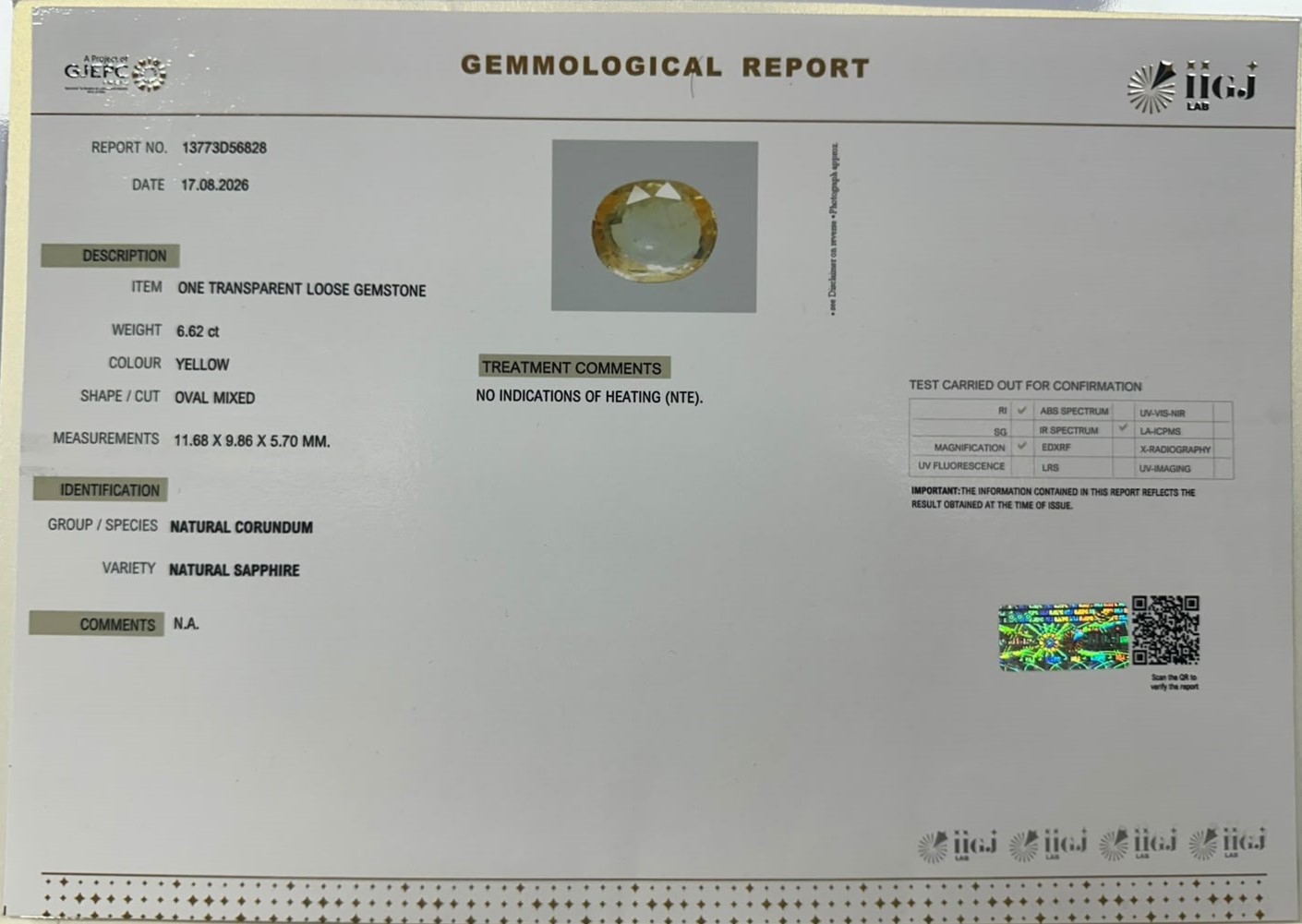 YELLOW SAPPHIRE 6.62 Ct. YELLOW SAPPHIRE 6.62 Ct.