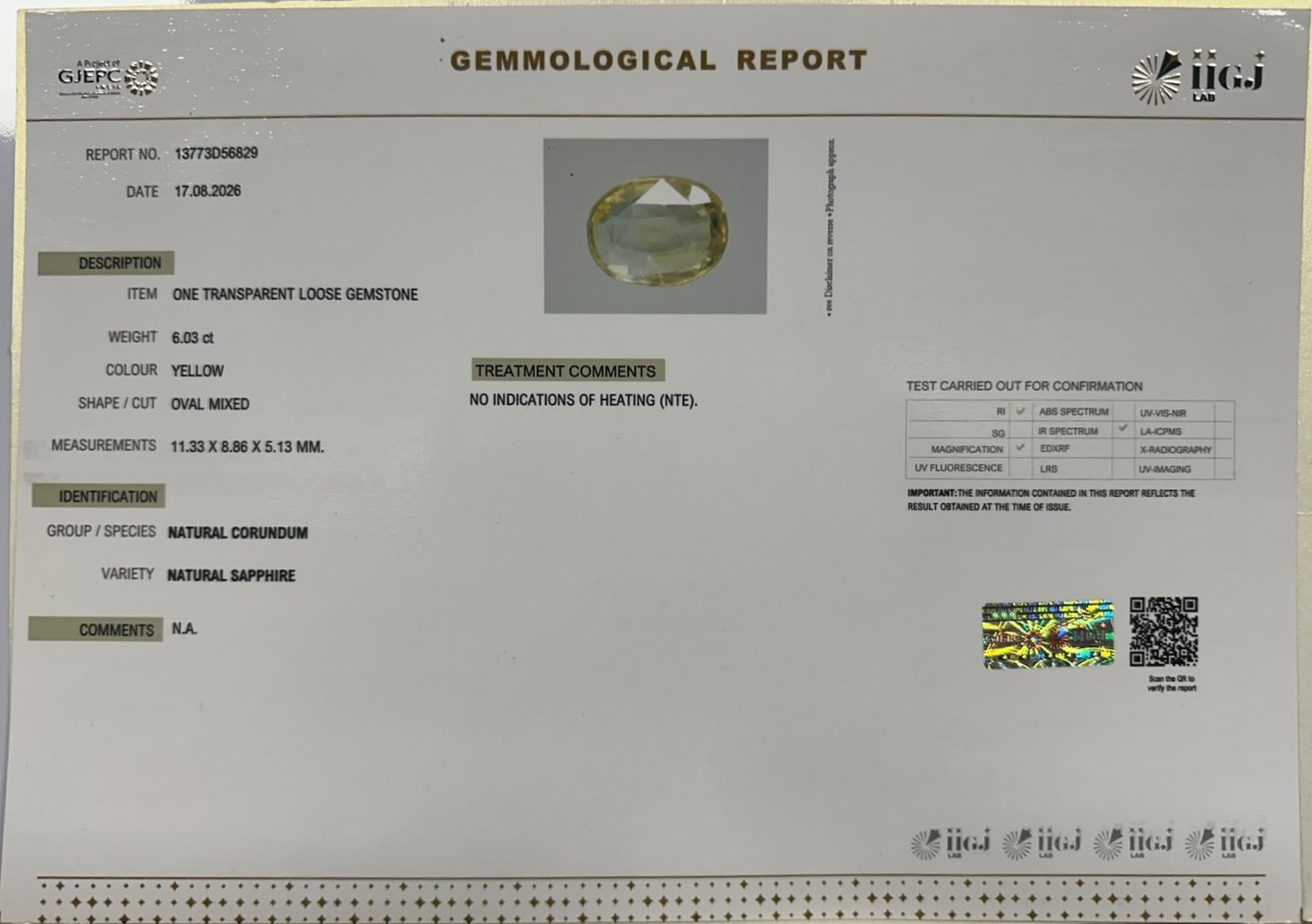 YELLOW SAPPHIRE 6.03 Ct. YELLOW SAPPHIRE 6.03 Ct.