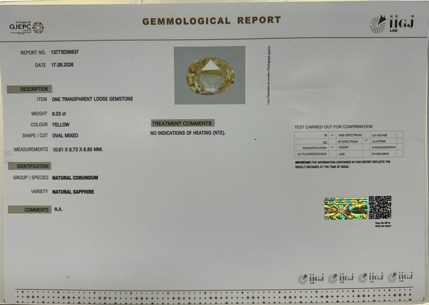 YELLOW SAPPHIRE 6.03 Ct. YELLOW SAPPHIRE 6.03 Ct.