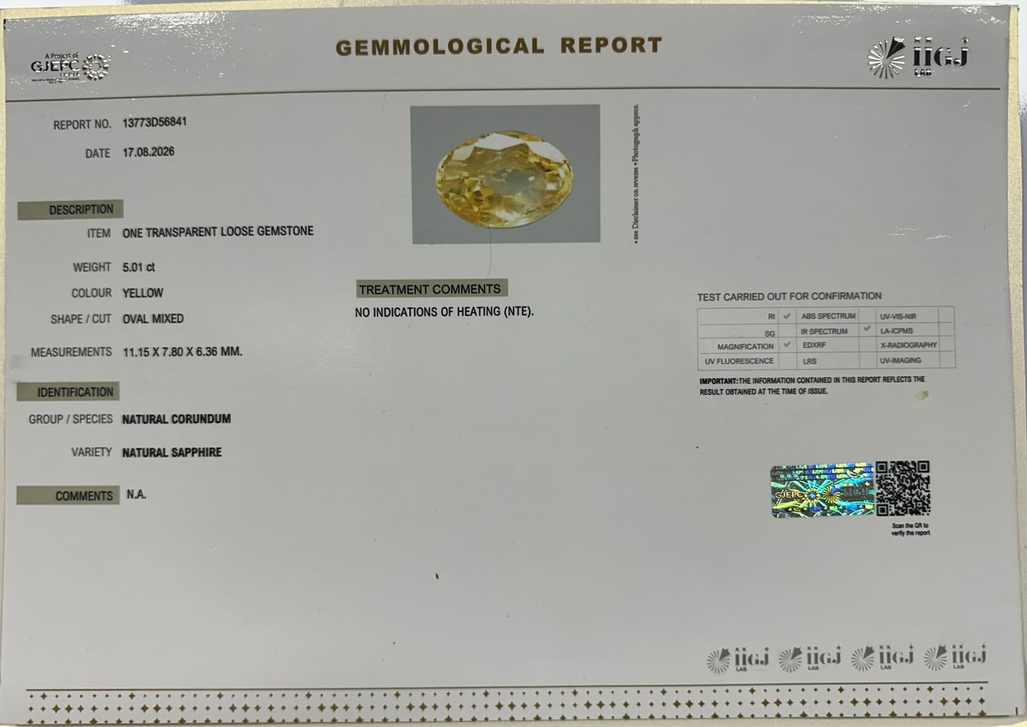 YELLOW SAPPHIRE 5.01 Ct.