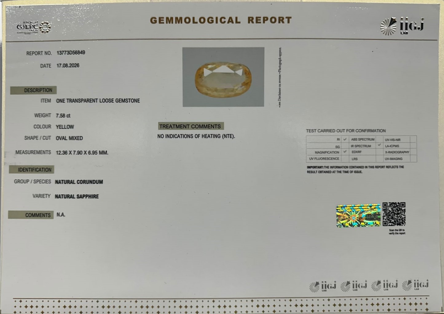 YELLOW SAPPHIRE 7.58 Ct. YELLOW SAPPHIRE 7.58 Ct.