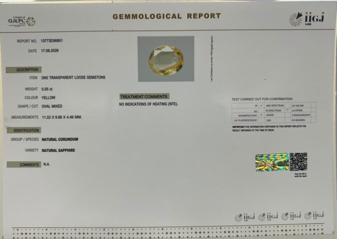YELLOW SAPPHIRE 5.05 Ct.