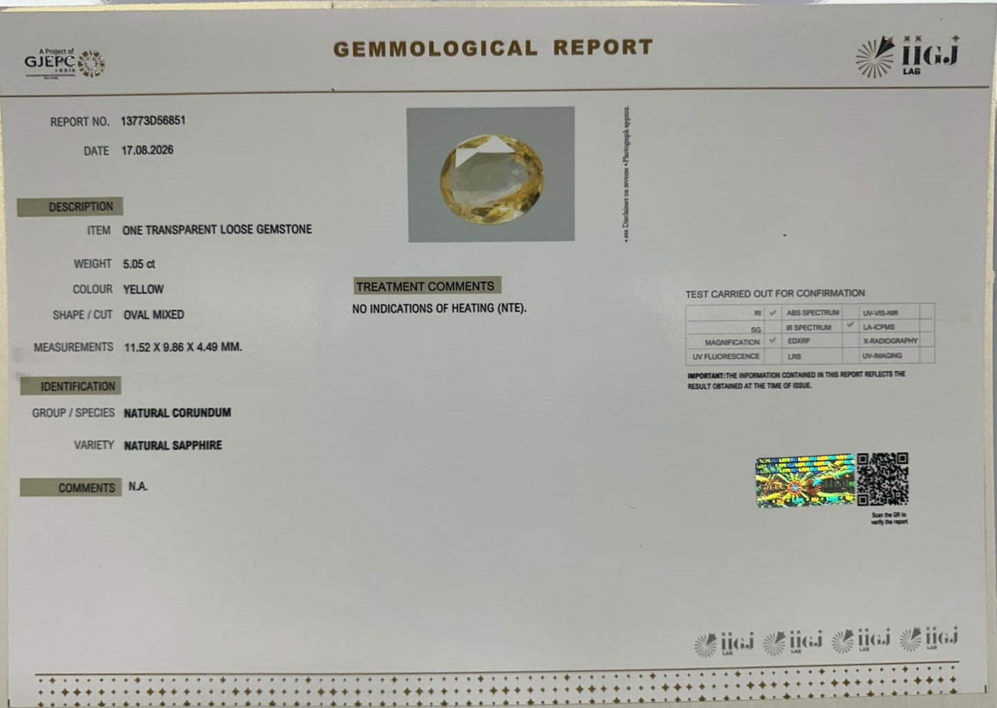 YELLOW SAPPHIRE 5.05 Ct.