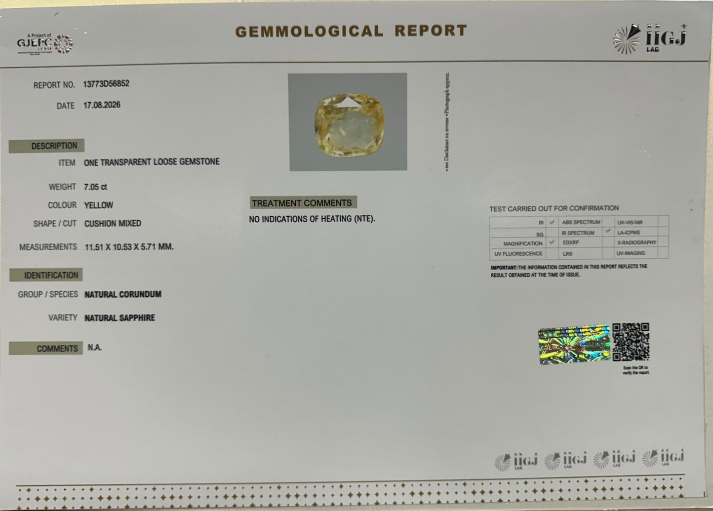 YELLOW SAPPHIRE 7.05 Ct. YELLOW SAPPHIRE 7.05 Ct.